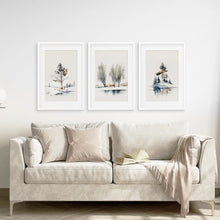 Load image into Gallery viewer,  Rustic Forest Printable Wall Art Poster Set. White Frames with Mat Above the Sofa.
