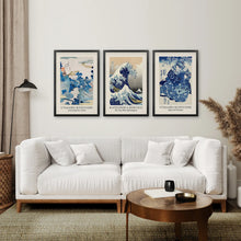 Load image into Gallery viewer, Vintage Japanese Museum Wall Art Prints. Black Frames Above the Sofa.
