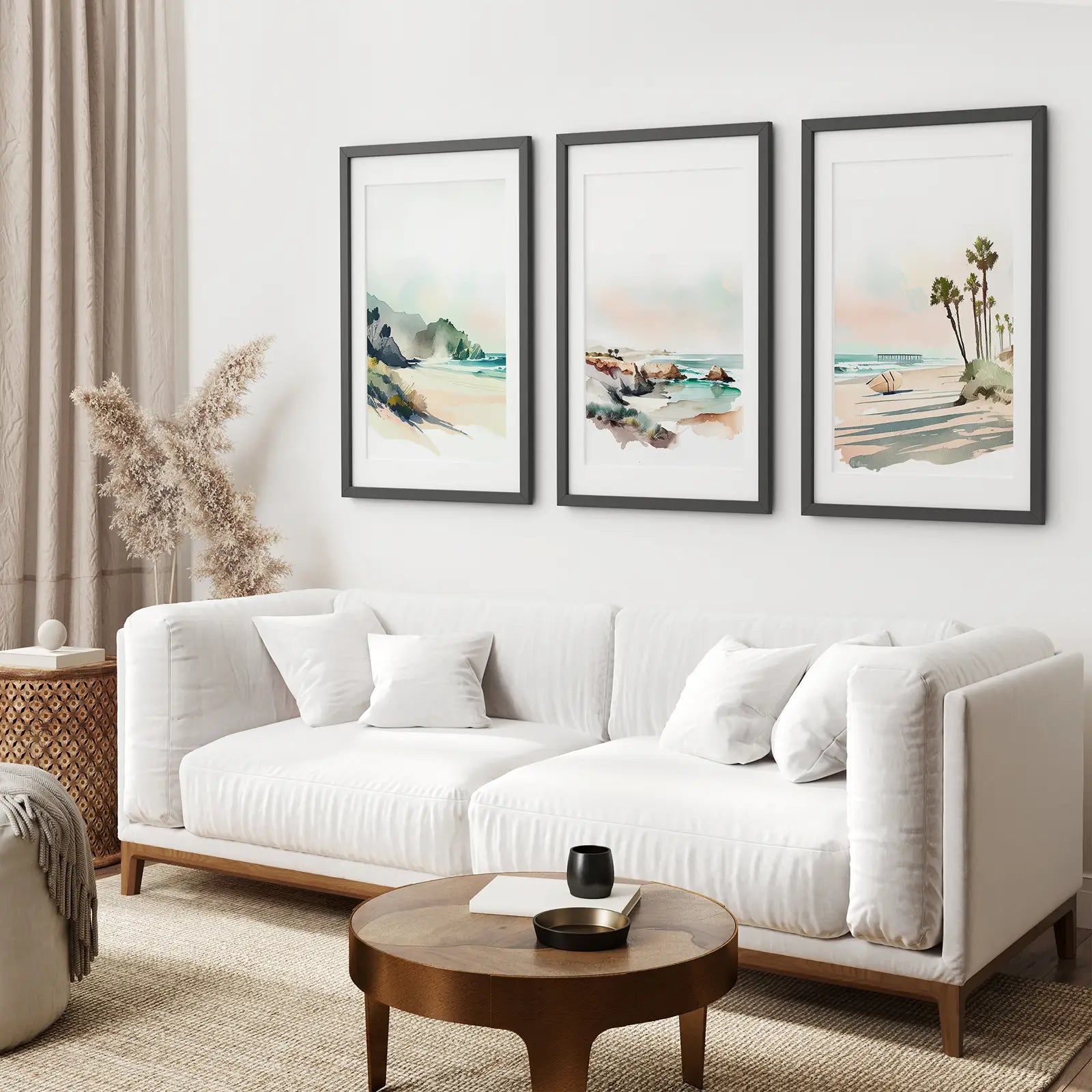 Coastal Watercolor Poster Set Decor. Black Frames with Mat Above the Sofa.