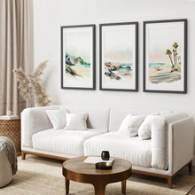 Load image into Gallery viewer, Coastal Watercolor Poster Set Decor. Black Frames with Mat Above the Sofa.

