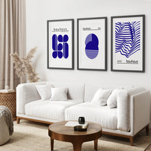 Load image into Gallery viewer, Modern Bauhaus Abstract Shapes Art Set. Black Frames with Mat Above the Sofa. 
