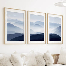 Load image into Gallery viewer, Blue Misty Mountain Scenery. Set of 3 Prints
