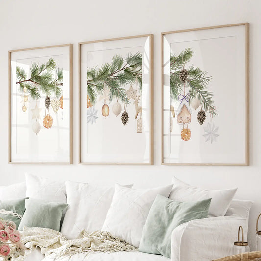 Winter Holiday Printable Home Decor Print Set. Thinwood Frames with Mat Above the Sofa.