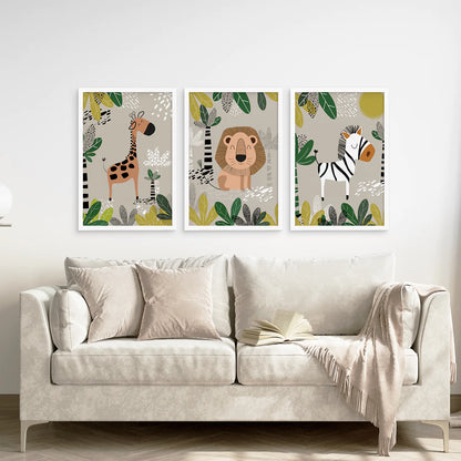 Boys Nursery Posters. Safari Baby Animals Art Decor. White Frames for Living Room.