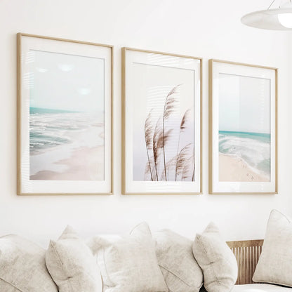 Coastal Boho Wall Art. Beach Pampas Grass, Blue Ocean Waves