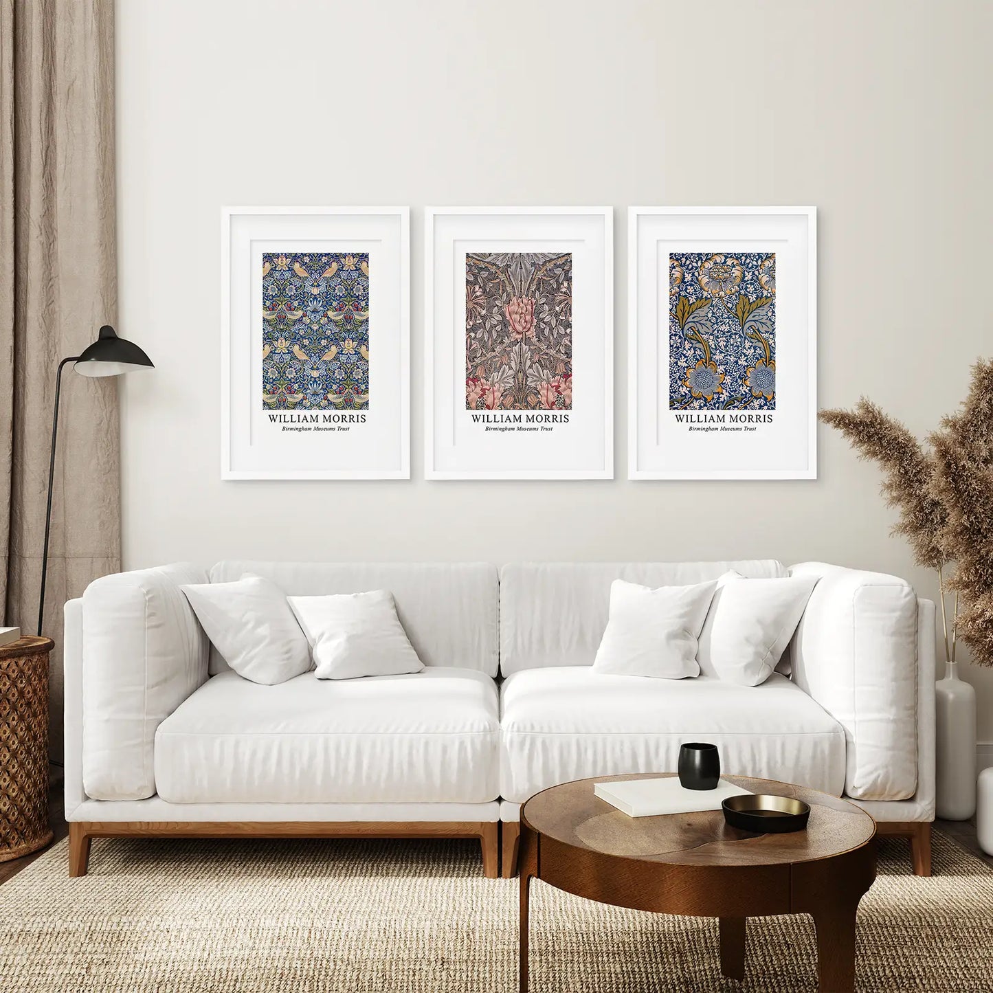 Flowers Art Nouveau Prints Set of 3 Piece. White Frames with Mat Above the Sofa.