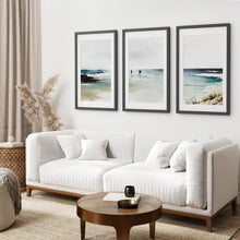 Load image into Gallery viewer, Coastal Living Room Wall Decor Print Set. Black Frames with Mat Above the Sofa.
