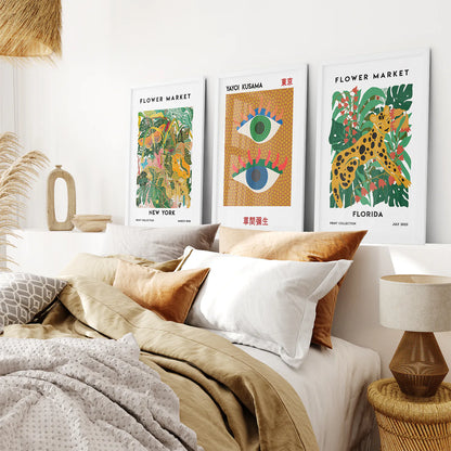 Abstract New York Wall Art Set. White Frames Over the Bed.