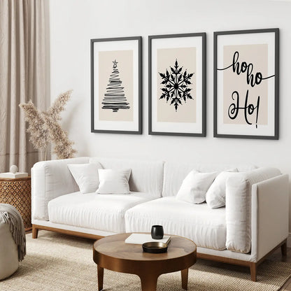 Modern Winter Home Decor Wall Art Set.Black Frames Above the Sofa.