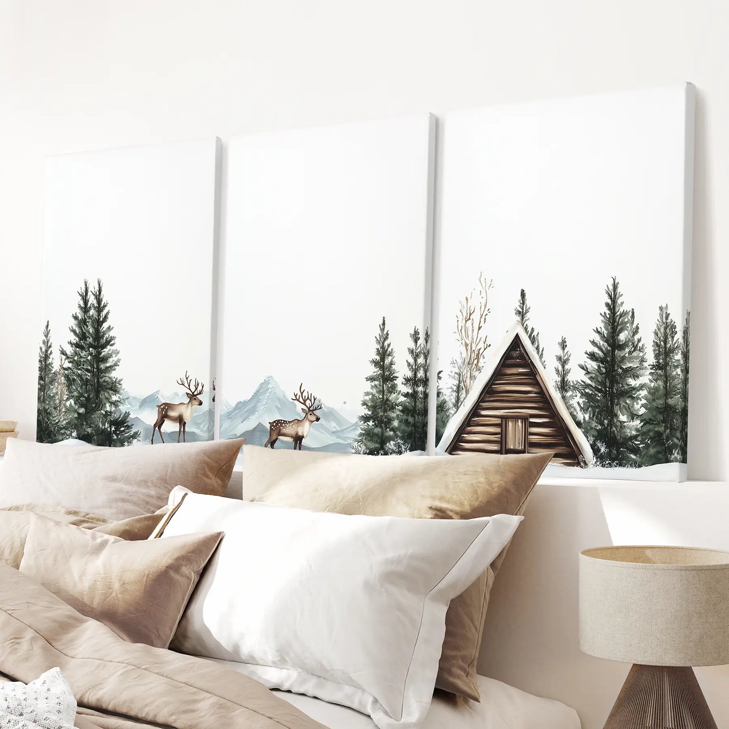 Winter nature wall prints farmhouse style. Neutral winter prints. Stretched canvas above the bed.