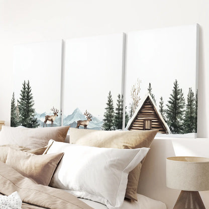 Winter nature wall prints farmhouse style. Neutral winter prints. Stretched canvas above the bed.