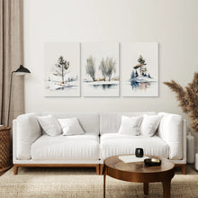 Load image into Gallery viewer, Modern Watercolor Snowy Art Decor Prints. Stretched Canvas Over the Couch.
