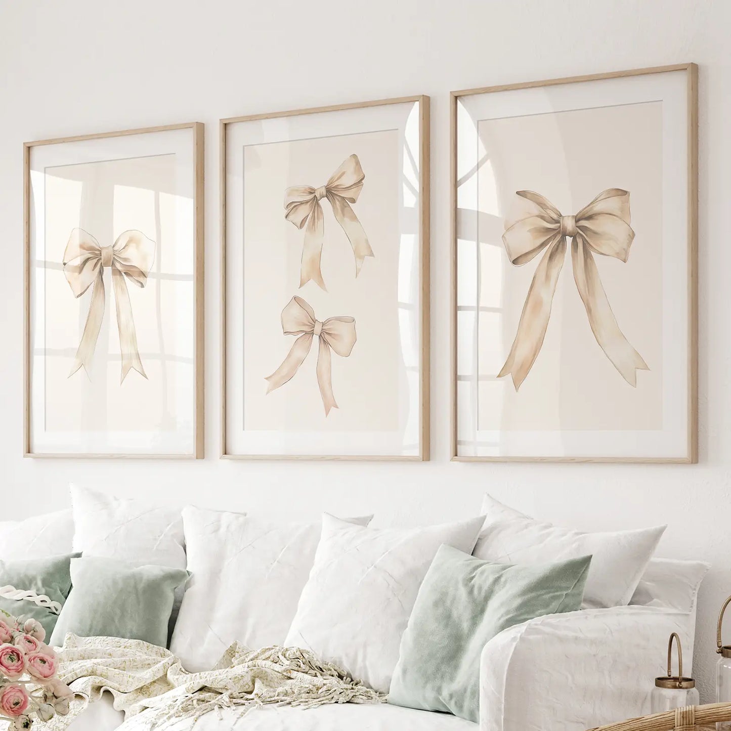 Cute Bows Modern Wall Art Decor Trendy Poster Set. Thinwood Frames with Mat Over the Couch.