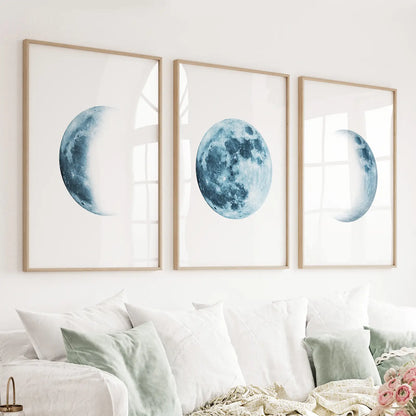 Lunar Phases. Blue Wall Art Set for Boy's Nursery