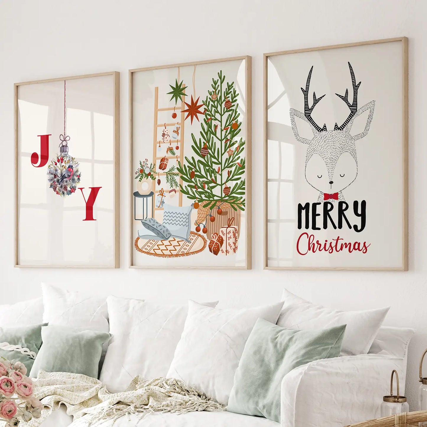 Winter Wonderland Seasonal Print Poster Art. Thinwood Frames Above the Sofa.