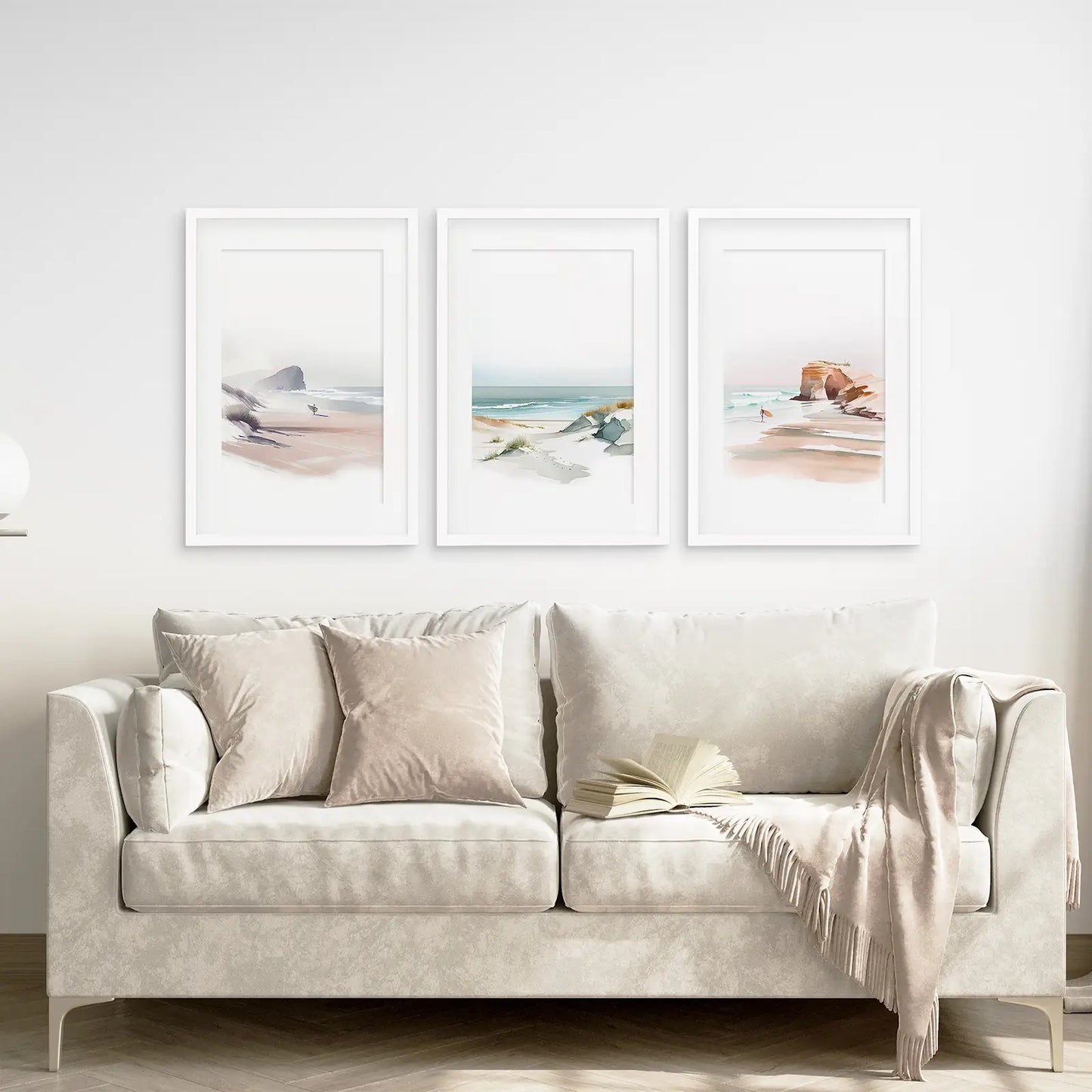 Ocean Wall Art Home Decor Print Set. White Frames with Mat Above the Sofa.