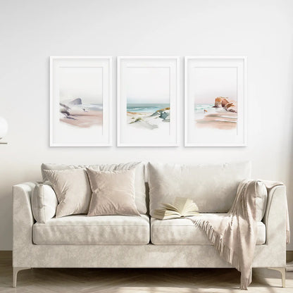 Ocean Wall Art Home Decor Print Set. White Frames with Mat Above the Sofa.