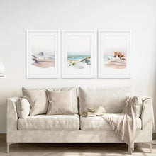 Load image into Gallery viewer, Ocean Wall Art Home Decor Print Set. White Frames with Mat Above the Sofa.
