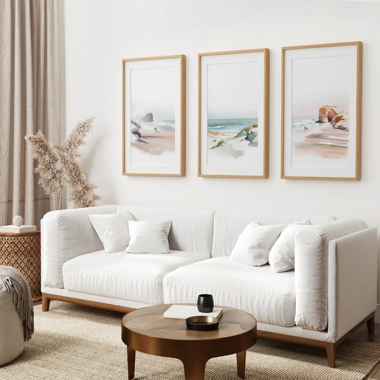 Trendy Watercolor Set of 3 Poster Room Decor. Thin Wood Frames with Mat Over the Couch.