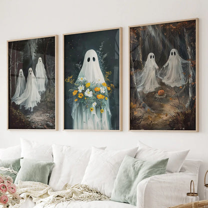 Vintage Halloween Ghosts Room Decor Prints. Thinwood Frames Above the Sofa.