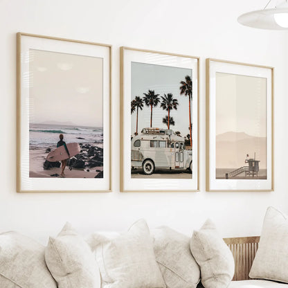 Beige Surfing Wall Art Set. Surfer, Ocean, Bus, Lifeguard