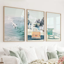 Load image into Gallery viewer, California Wall Art. Surfers on the Waves, Yellow Van, Lifeguard
