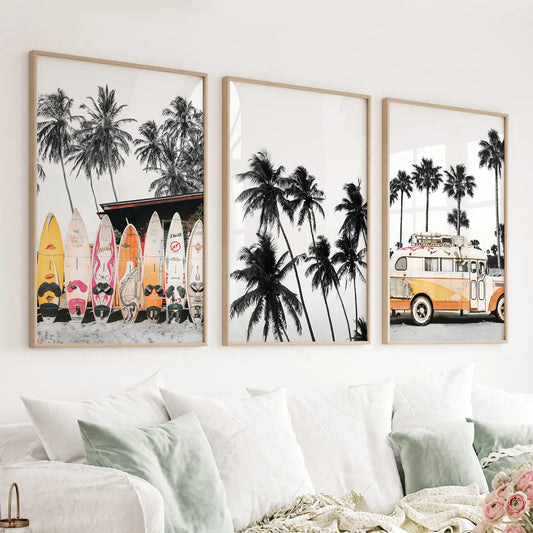 Black and Orange Surfing Art Prints. Bus, Palms, Surfboards