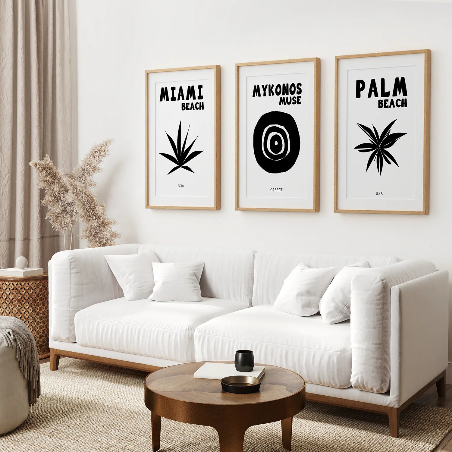 Maximalist Black and White Wall Art.Thin Wood Frames with Mat Over the Coach.