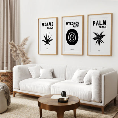 Maximalist Black and White Wall Art.Thin Wood Frames with Mat Over the Coach.