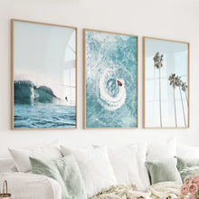Load image into Gallery viewer, Blue Ocean Themed 3 Piece Wall Art. Palm Trees, Waves
