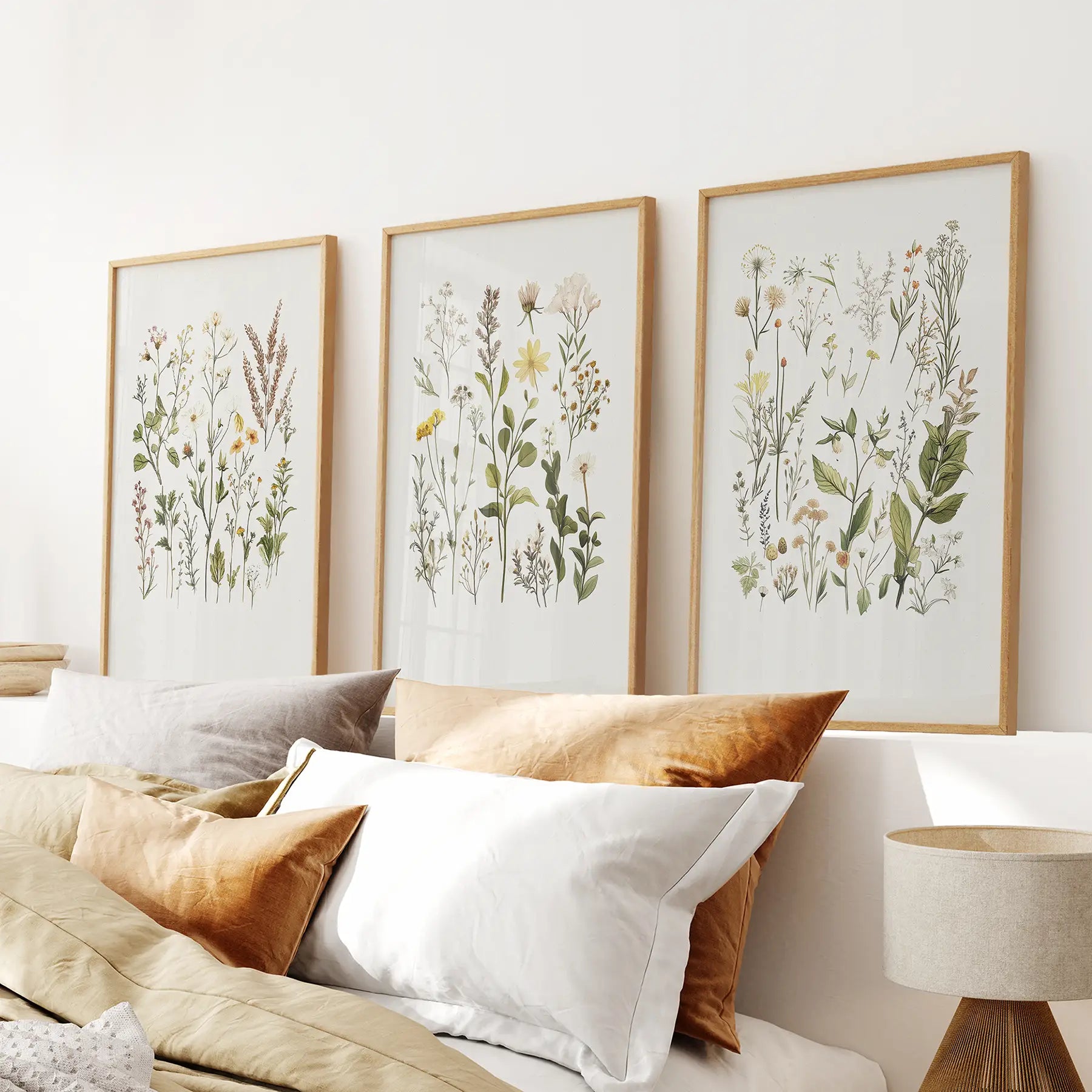 Minimalist wall art decor. Garden flowers art posters. Thinwood frames above the bed.