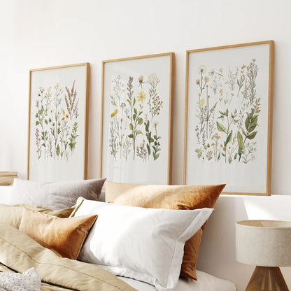 Minimalist wall art decor. Garden flowers art posters. Thinwood frames above the bed.