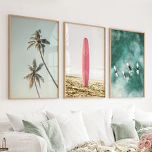 Load image into Gallery viewer, Pink Surfboard Wall Art. Pastel Beach, Waves, Tropical Palms
