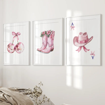 Light Pink Western Dorm Room Art Poster Set. White Frames with Mat for Bedroom.