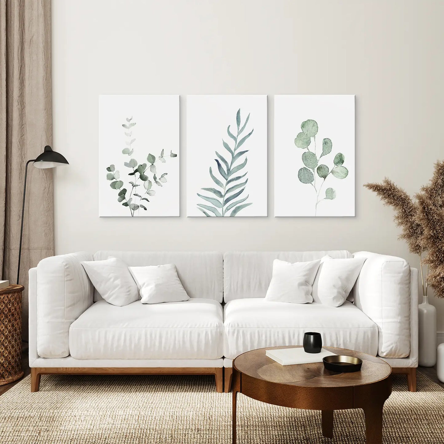 Living Room Canvas Wall Art Eucalyptus Watercolor Decor. Stretched Canvas Above the Sofa.