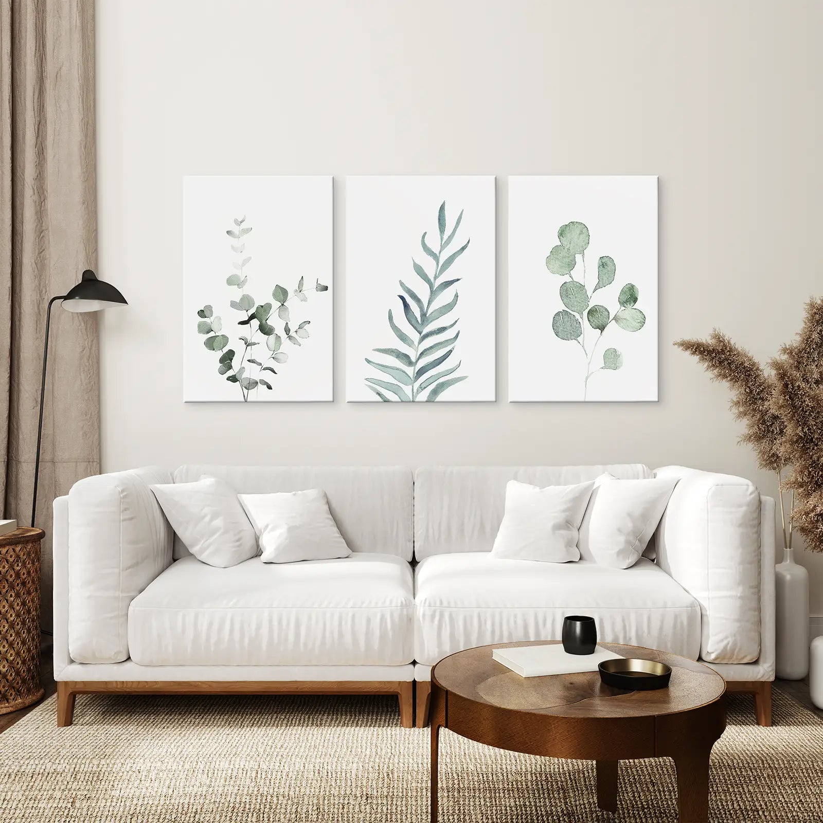 Living Room Canvas Wall Art Eucalyptus Watercolor Decor. Stretched Canvas Above the Sofa.