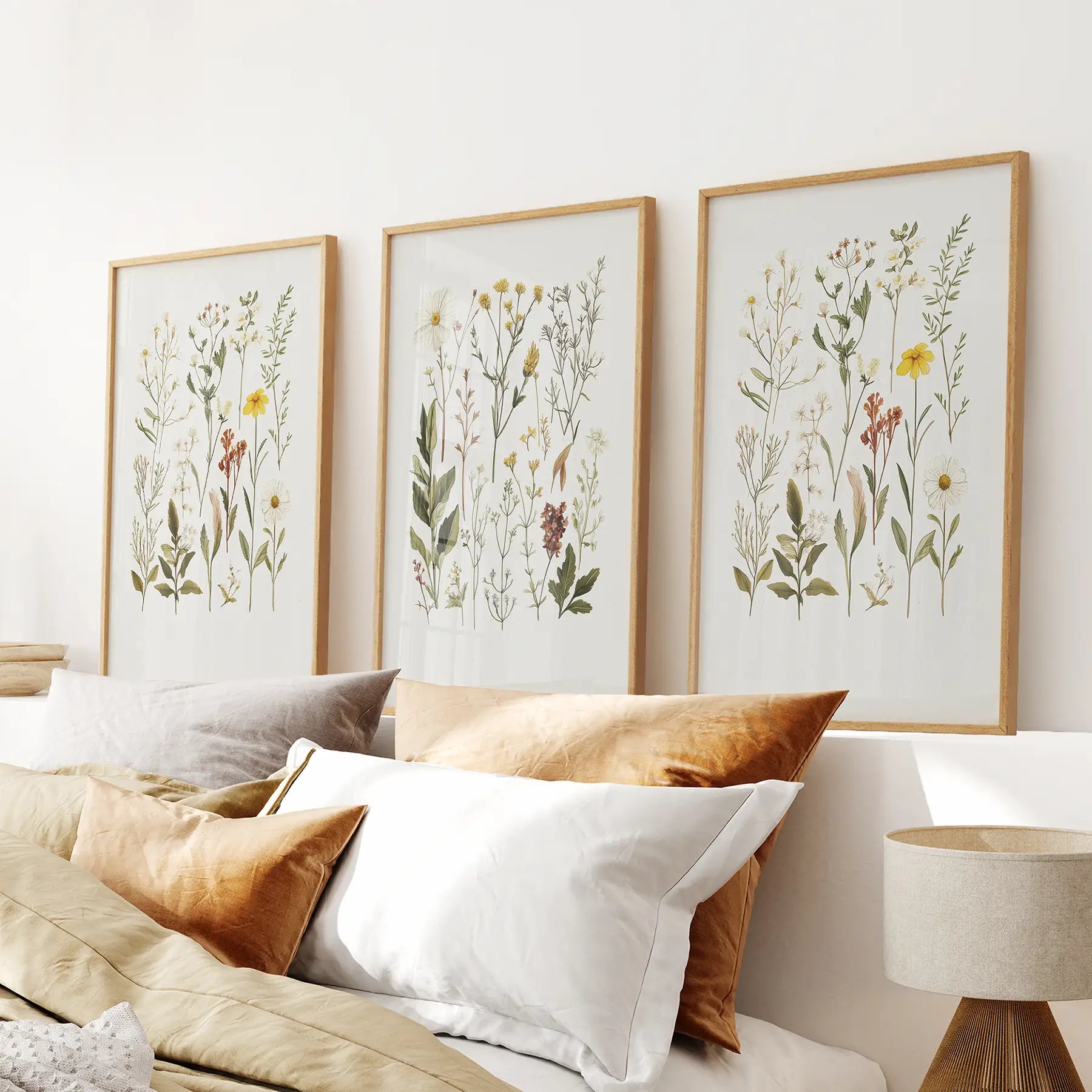 Modern nature art. Neutral floral decor poster. Thinwood frames above the bed.