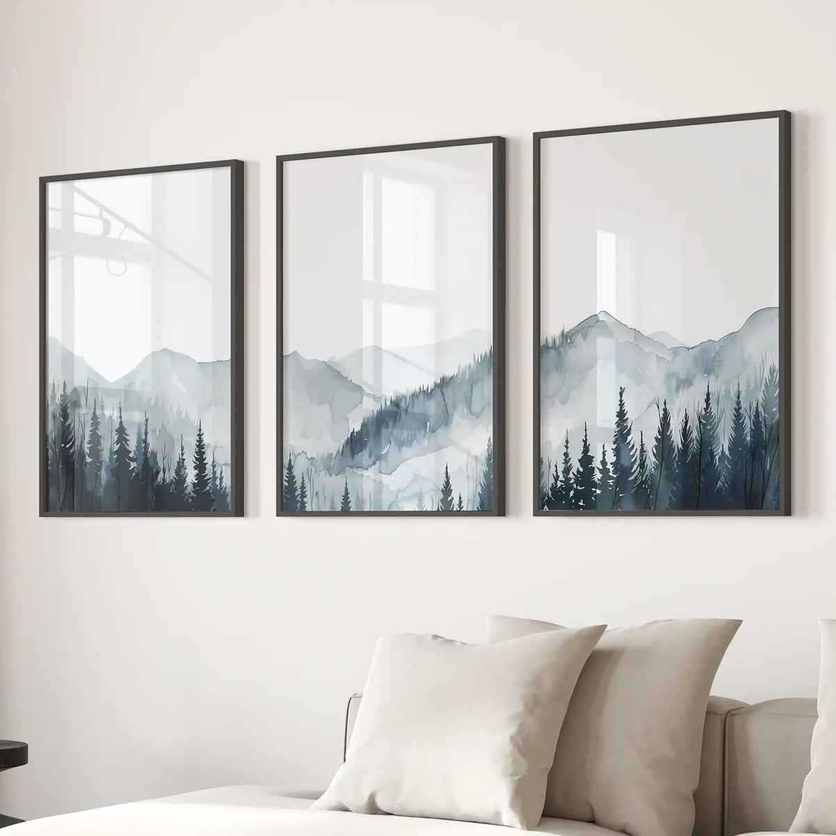 Set of 3 Pine Forest Wall Decor Landscape Posters. Black Frames Above the Sofa.