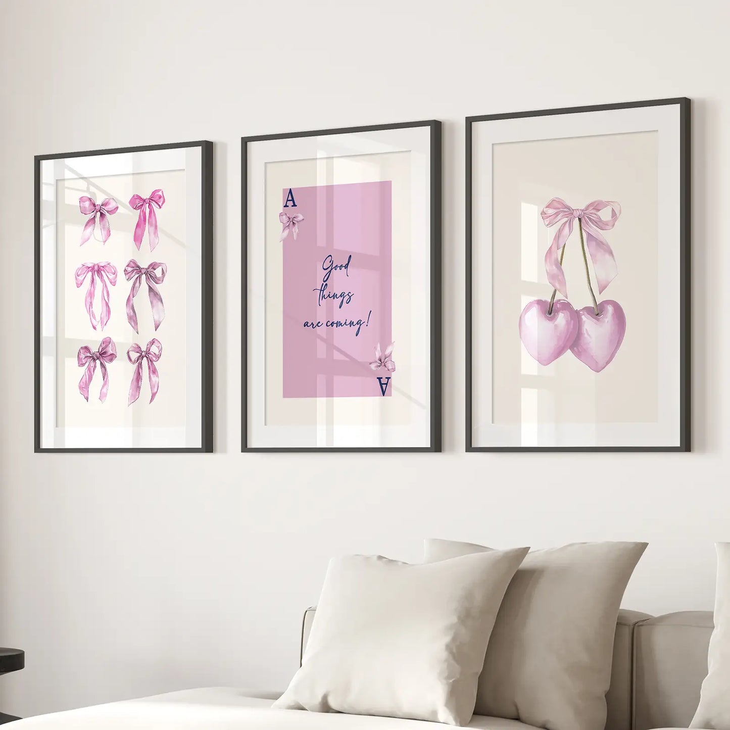 Nursery Girly Wall Art Pastel Posters Preppy Decor. Black Frames with Mat Over the Couch.