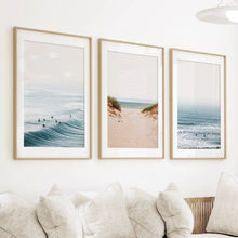 Load image into Gallery viewer, Modern Beach Set of 3 Posters. Sandy Beach, Waves, Surfers

