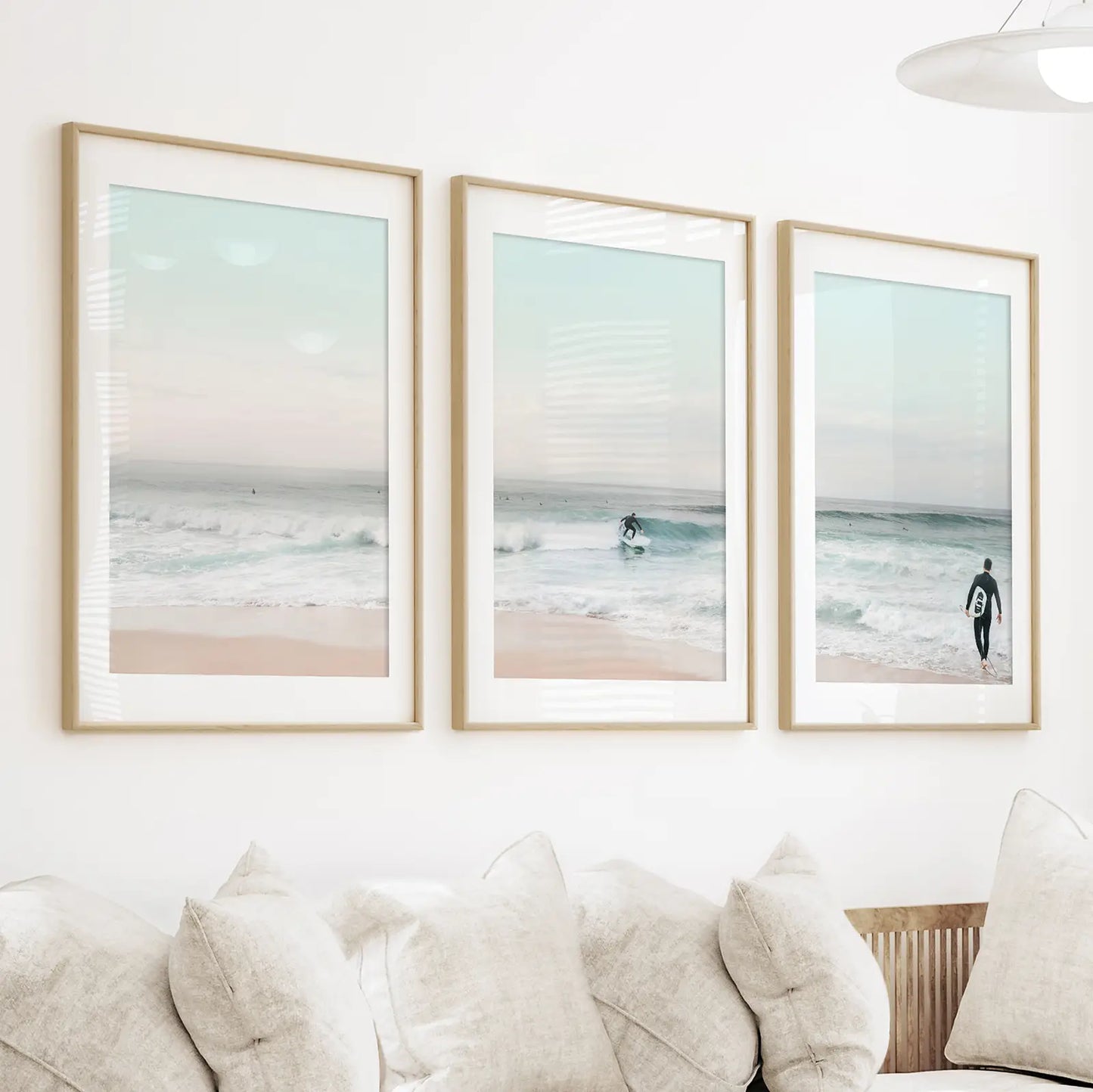 Ocean Beach Surf Prints. Turquoise and Pink Tones Wall Art