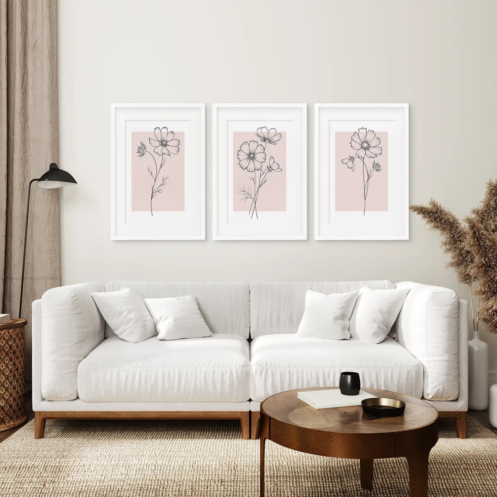 Trendy Floral Line Art Prints Set. White Frames with Mat Above the Sofa.