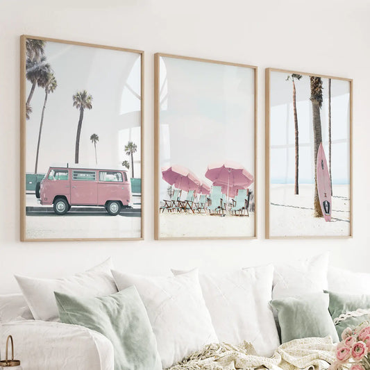 Girl's Nursery Beach Wall Art. Pink Surfboard, Bus, Umbrella