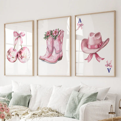 Cowgirl Style Wall Art Aesthetic Printable Set. Thinwood Frames Above the Sofa.