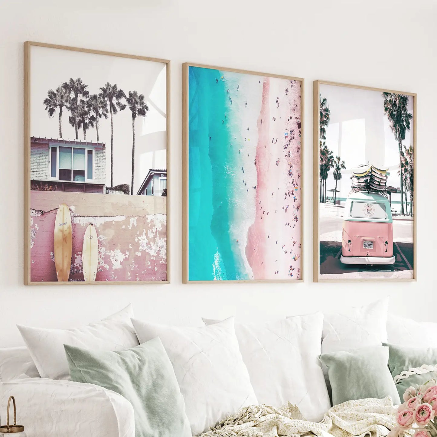 Boho Coastal Prints. Pink Combi Van, Aerial Beach, Surfing