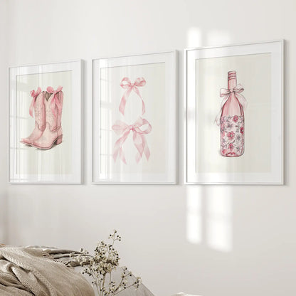 Pink Bow Girly Room Aesthetic Wall Art Print Decor. White Frames with Mat Above the Bed.