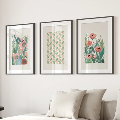 Set of 3 Wall Decor Poppies Floral Poster. Black Frames with Mat Over the Couch.