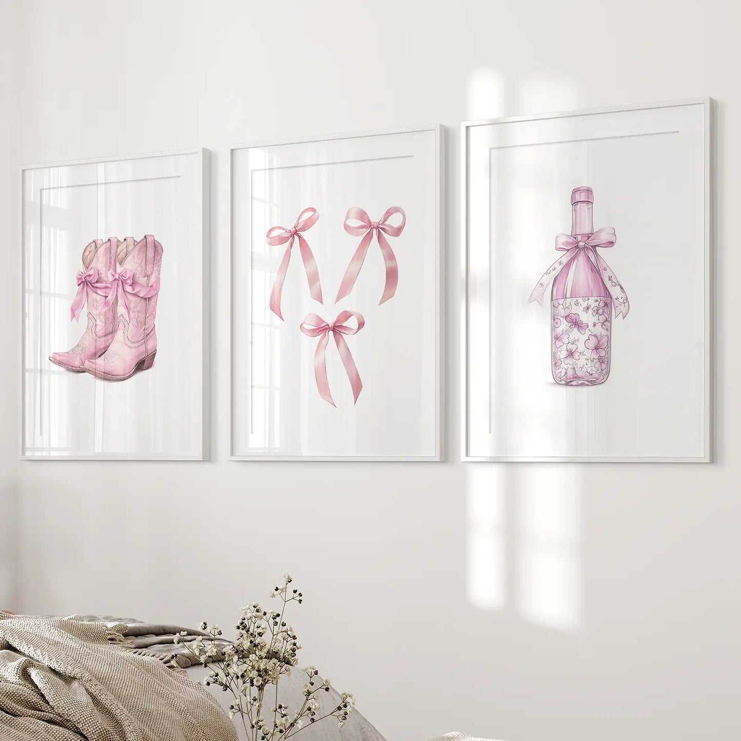 Coquette Pink Bow Printable Posters Girly Wall Art. White Frames with Mat for Bedroom.