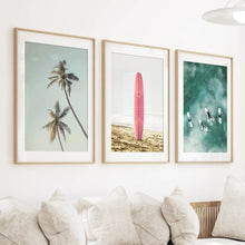 Load image into Gallery viewer, Pink Surfboard Wall Art. Pastel Beach, Waves, Tropical Palms
