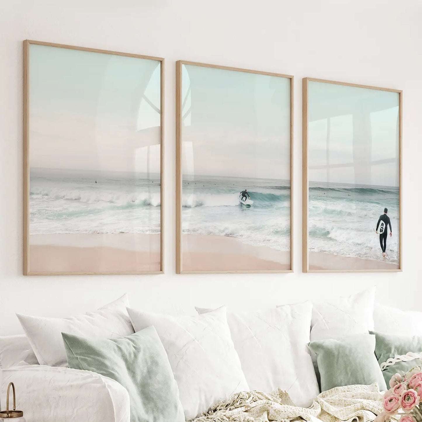 Ocean Beach Surf Prints. Turquoise and Pink Tones Wall Art